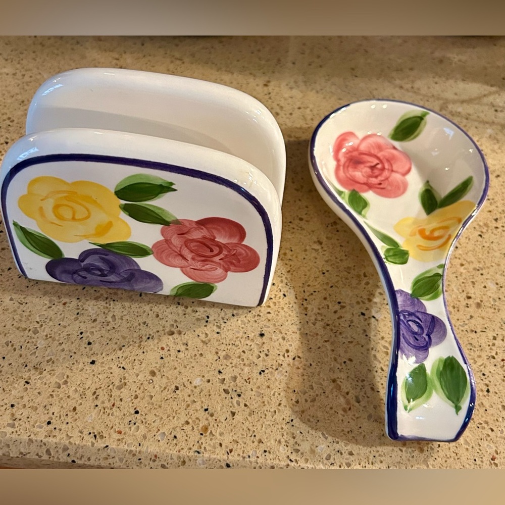Flora di Roma Ceramic Floral Napkin and Spoon Rest Set by Tabletops Unlimited